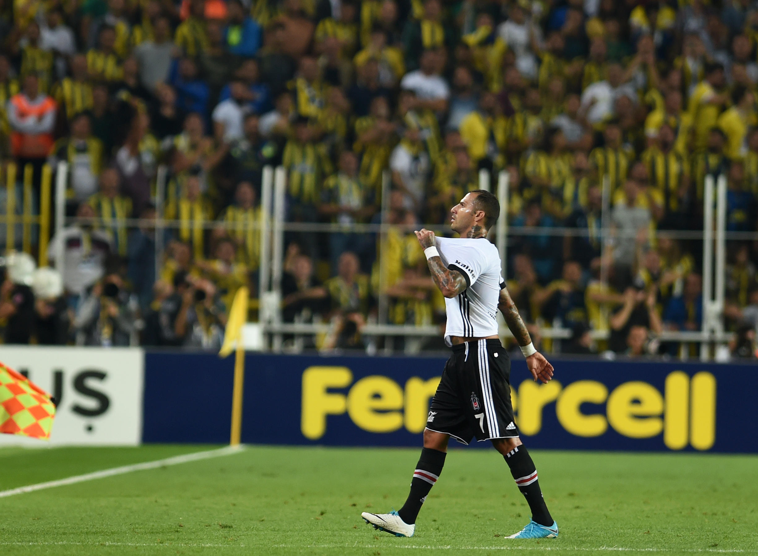 Ricardo Quaresma leaves the pitch after being sent off while playing for Besiktas against Fenerbahce in 2017