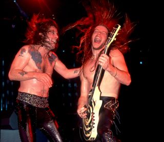 Ozzy Osbourne (left) and Zakk Wylde perform onstage at the Poplar Creek Music Theater in Hoffman Estates, Chicago, Illinois on July 12, 1989