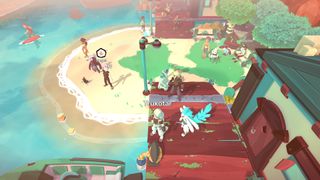 Best Pokemon games - Temtem - Several players stand in a beach town beside their tems