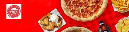 Pizza hut logo top left with a wide image of two pizzas cookies, drinks and more