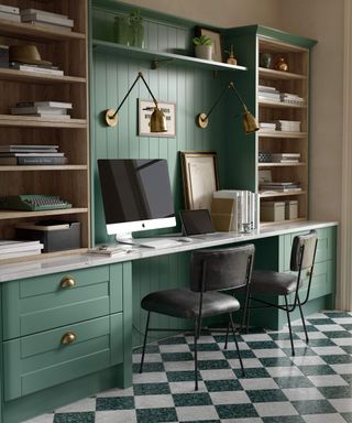 Shaker green home office idea in kitchen by Wren Kitchens