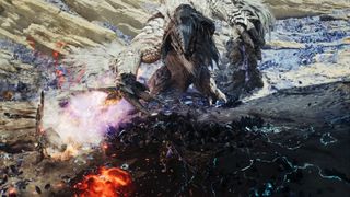 In-game screenshot of players fighting Arkveld in Monster Hunter Wilds.