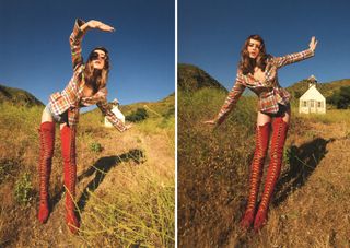 Daisy Edgar-Jones wears plaid corset jacket and denim micro shorts with thigh-high rust lace-up boots in field of desert grass.