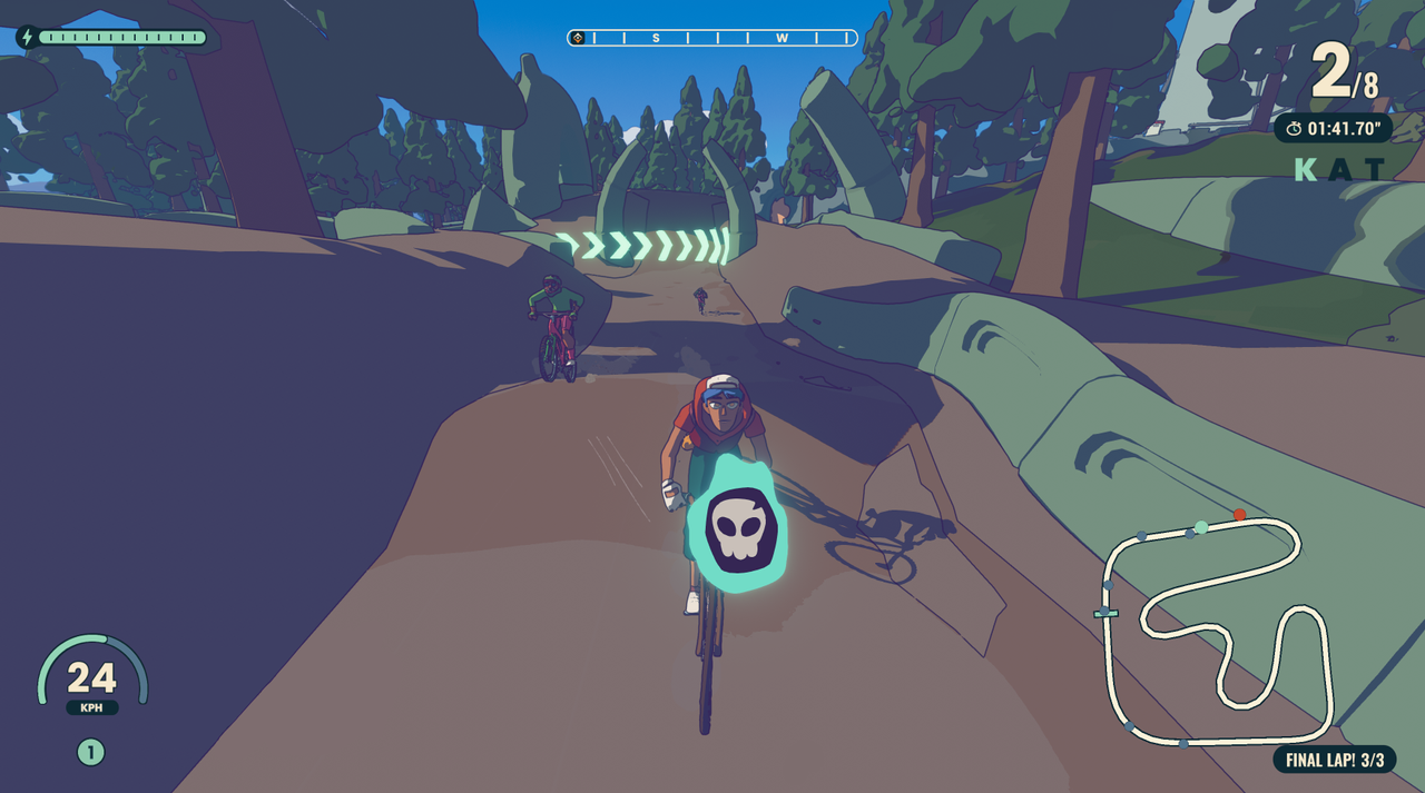 Wheel World indie developer interview; images from a video game of a cyclist riding through a stylised video game world