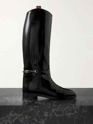 Canvas-Trimmed Horsebit-Embellished Patent-Leather Knee Boots