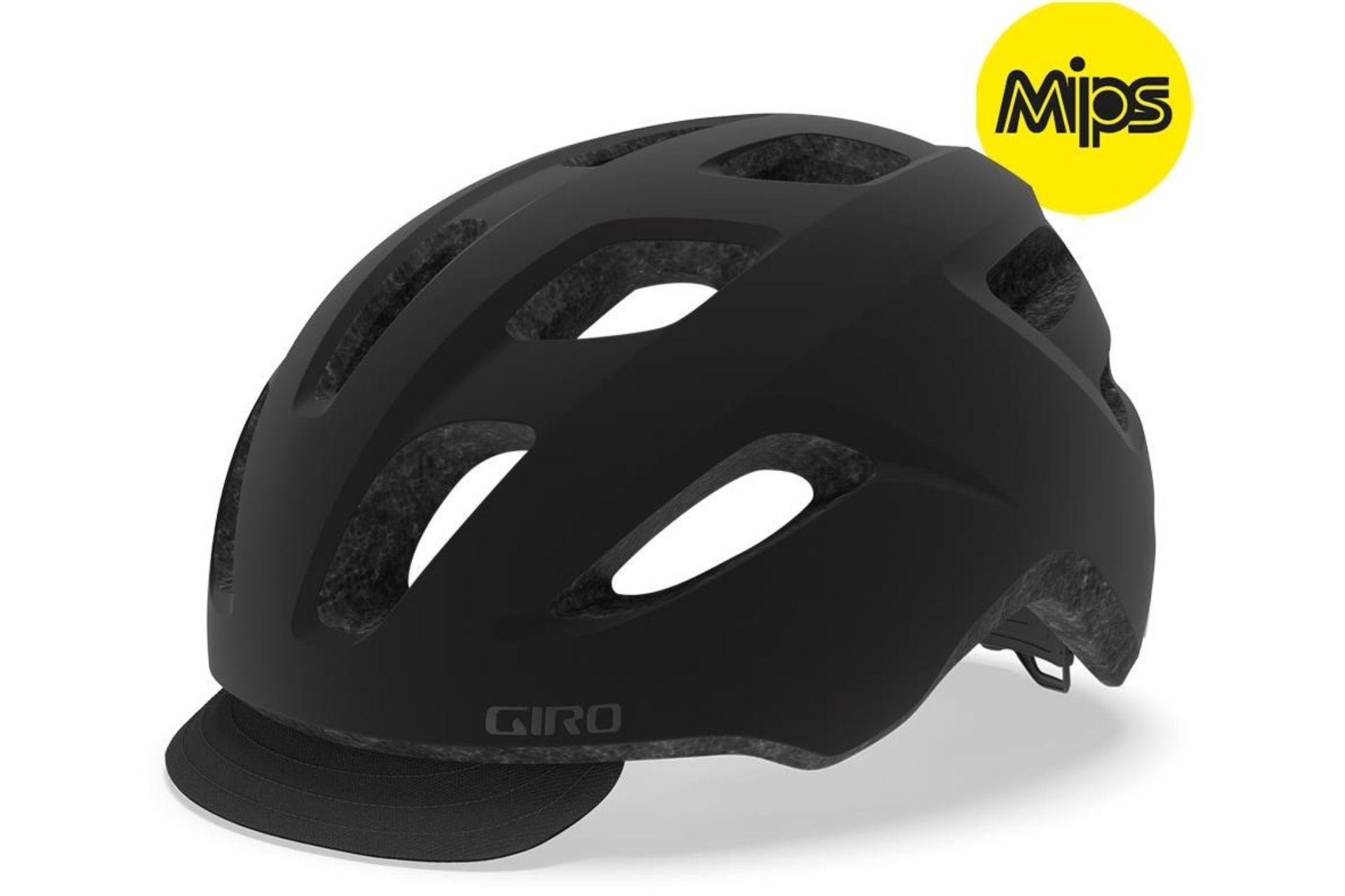 Image shows Giro Cormick MIPS Urban Cycling Helmet in black with the removable fabric visor. Top right is the MIPS logo