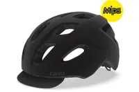 Giro Cormick MIPS Urban Cycling Helmet is shown here is black with the removable fabric visor. Top right is the MIPS logo