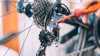 A rear derailleur set in the middle cog. An orange screwdriver indicated the limit screw locations