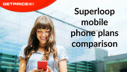 A woman with brown hair smiling down at a red mobile phone with red GetPrice logo on the top left corner and black writing on the right side that says 'Superloop mobile phone plans comparison'