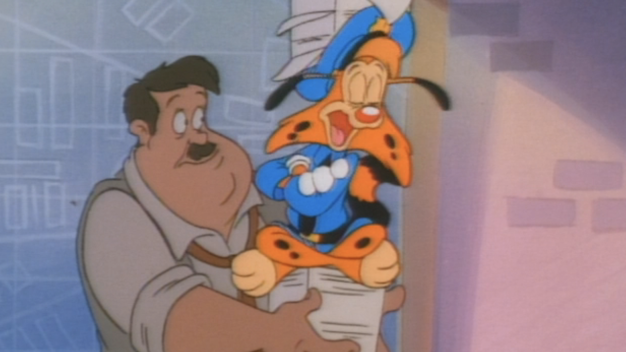 Bonkers TV show, Piquel looking at Bonkers in the middle of a large stack of papers