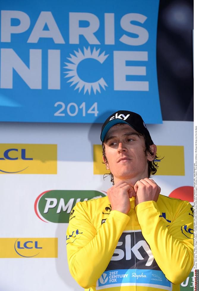 Race leader Geraint Thomas (Sky)