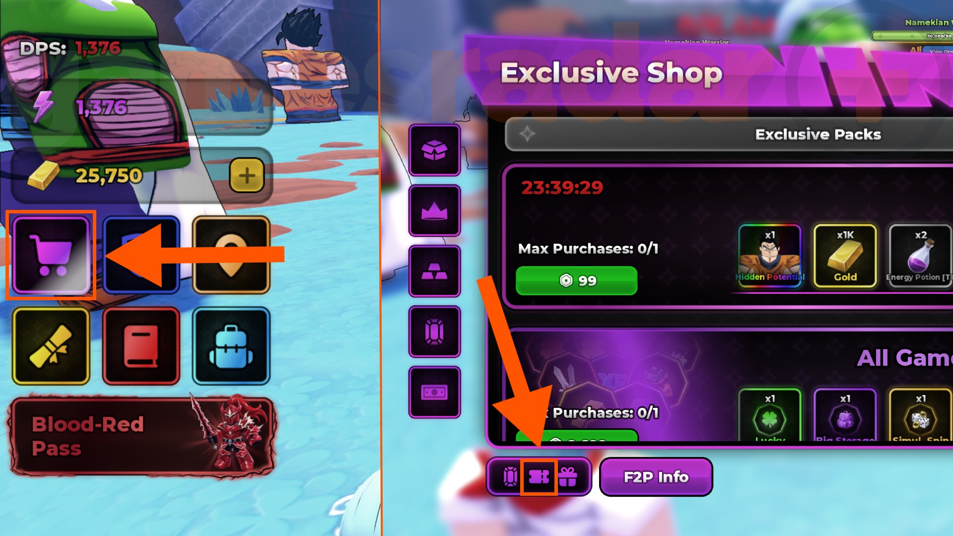 Orange arrows point to the Shop menu and Anime Breaker codes buttons.