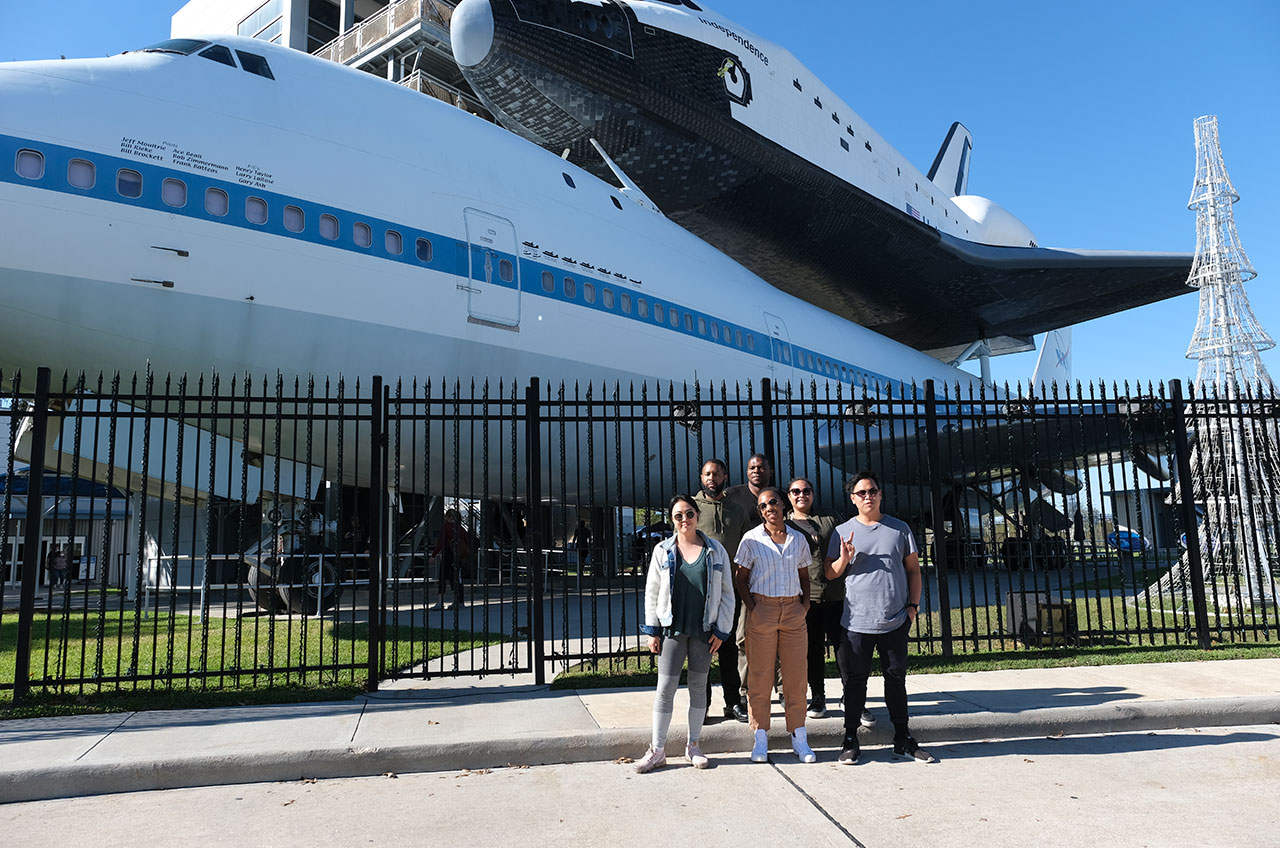 Buddha Lo (at right) with his five fellow cheftestants — Jae Jung, Damarr Brown, Nick Wallace, Ashleigh Shanti and Evelyn Garcia — at Space Center Houston for the 