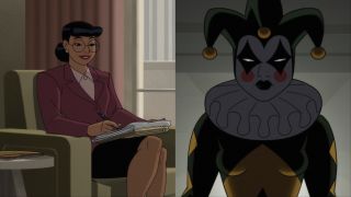 Side-by-side images of Batman: Caped Crusader's Harley Quinn in civilian and costumed forms