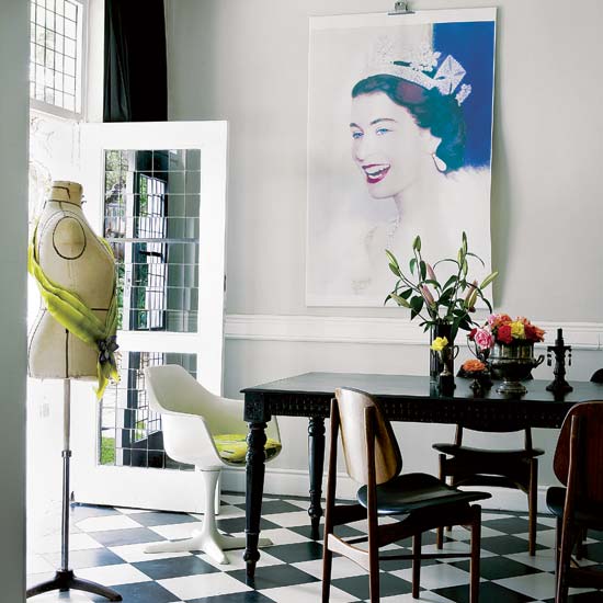 living area with artwork and french door