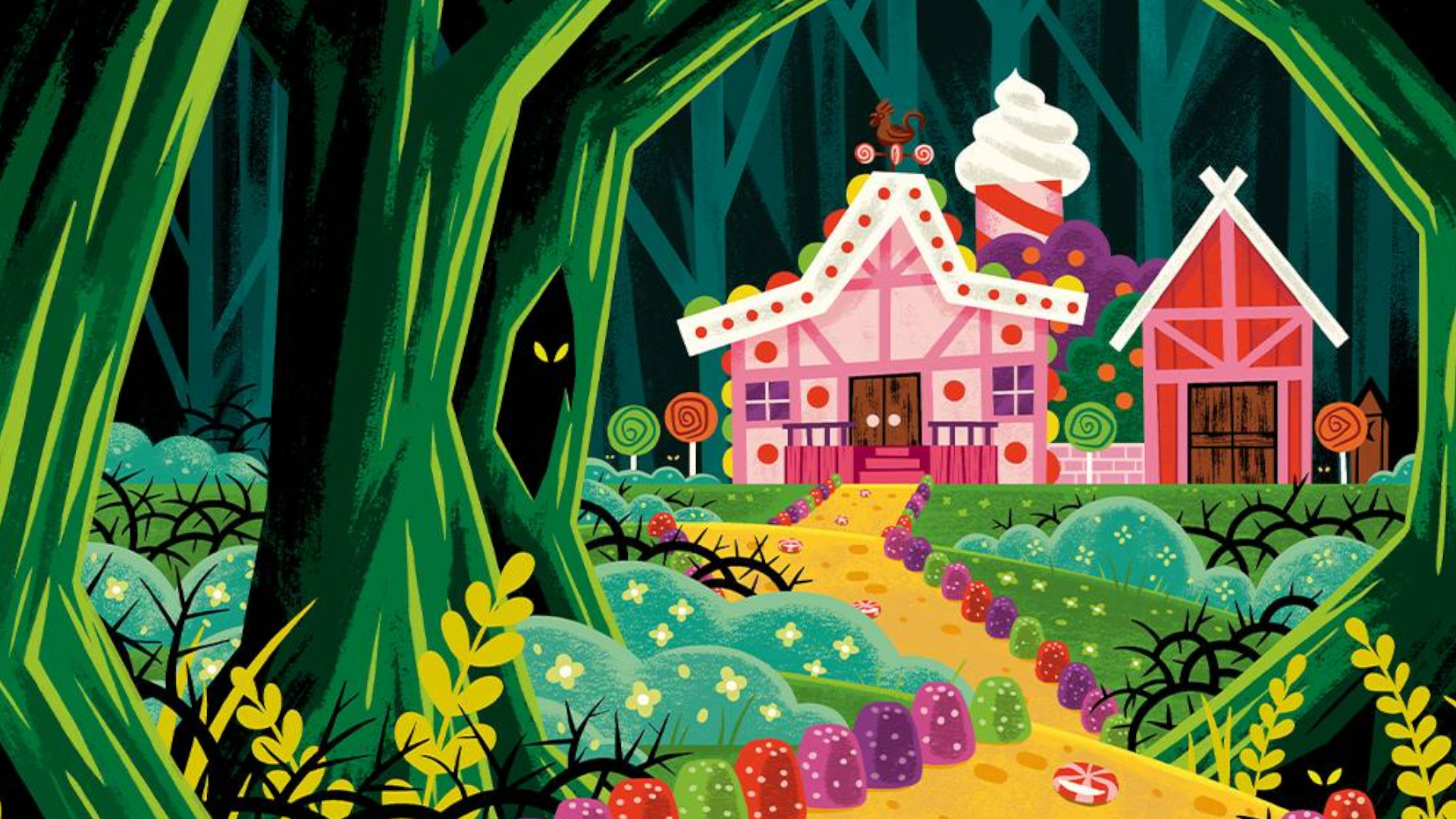 A gumdrop candy cottage in a dark forest