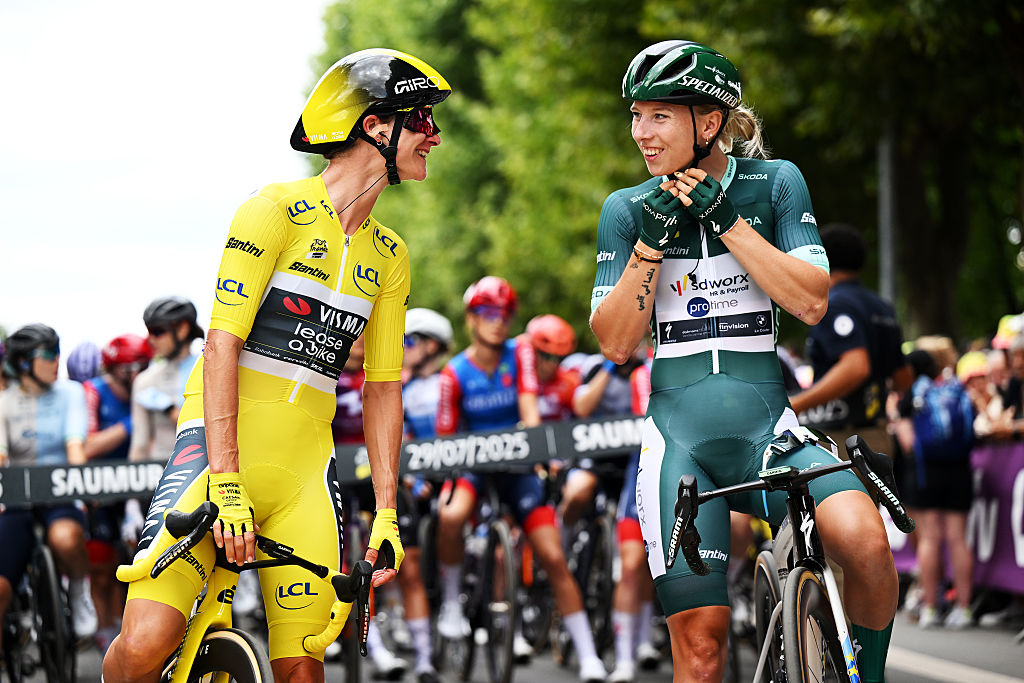 Marianne Vos wears the yellow jersey and Lorena Wiebes wears the green jersey on stage 4 at the Tour de France Femmes