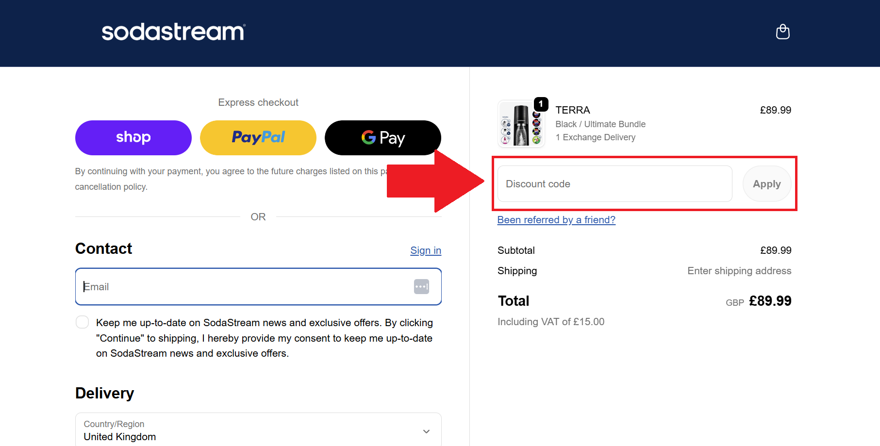 A screenshot of the sodastream checkout page showing where to enter your sodastream discount code