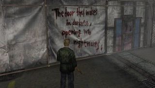 Silent Hill 2 protagonist looks at bloody words on a wall
