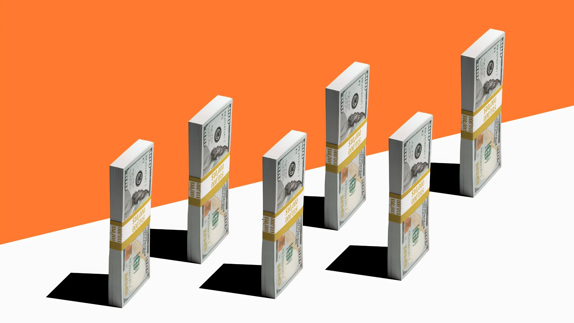 Bundles of US currency standing up against an orange and white background. 