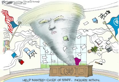 Political cartoon U.S. Trump tornado White House chief of staff job opening help wanted