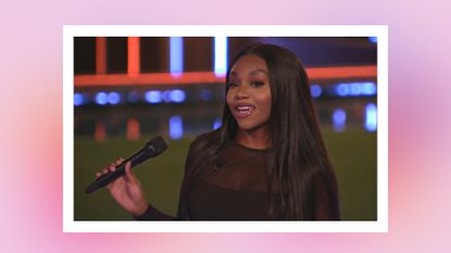 Whitney holding a microphone in the Love Island 2023 villa/ in a pink template with orange and purple gradients