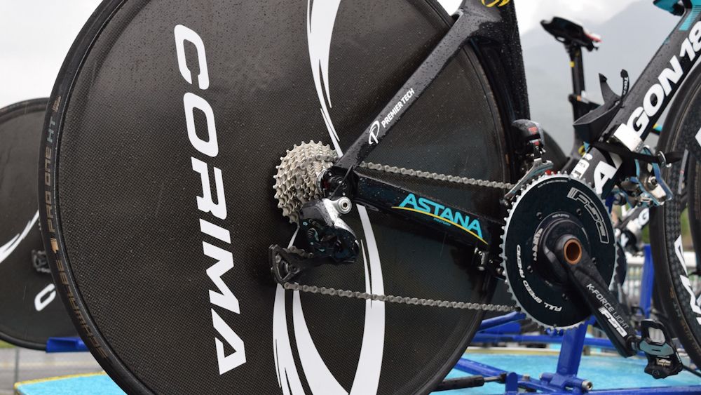 Astana's Argon18 E117s were equipped with Corima 3 spoke front wheels and C+ disc rear wheels