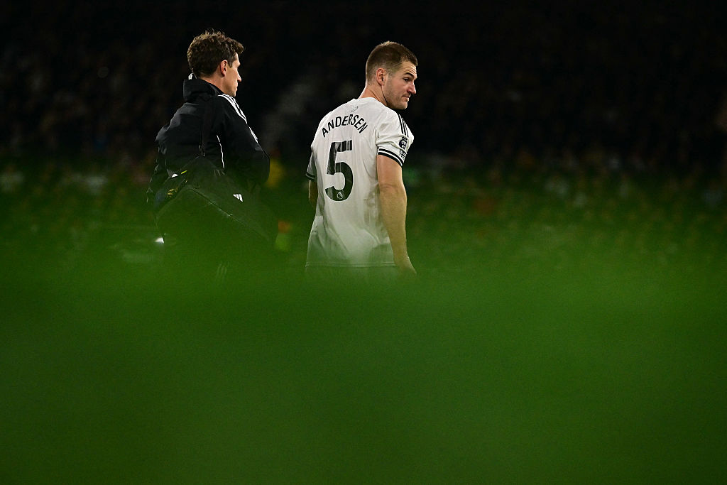 Fulham&#039;s Danish defender #05 Joachim Andersen leaves the game having picked up an injury during the English Premier League football match between Fulham and Arsenal at Craven Cottage in London on October 18, 2025.