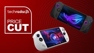 Two handheld gaming PCs on a red background