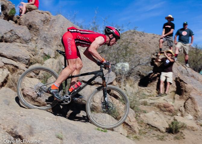 A Racinante rider descending some steep rocks