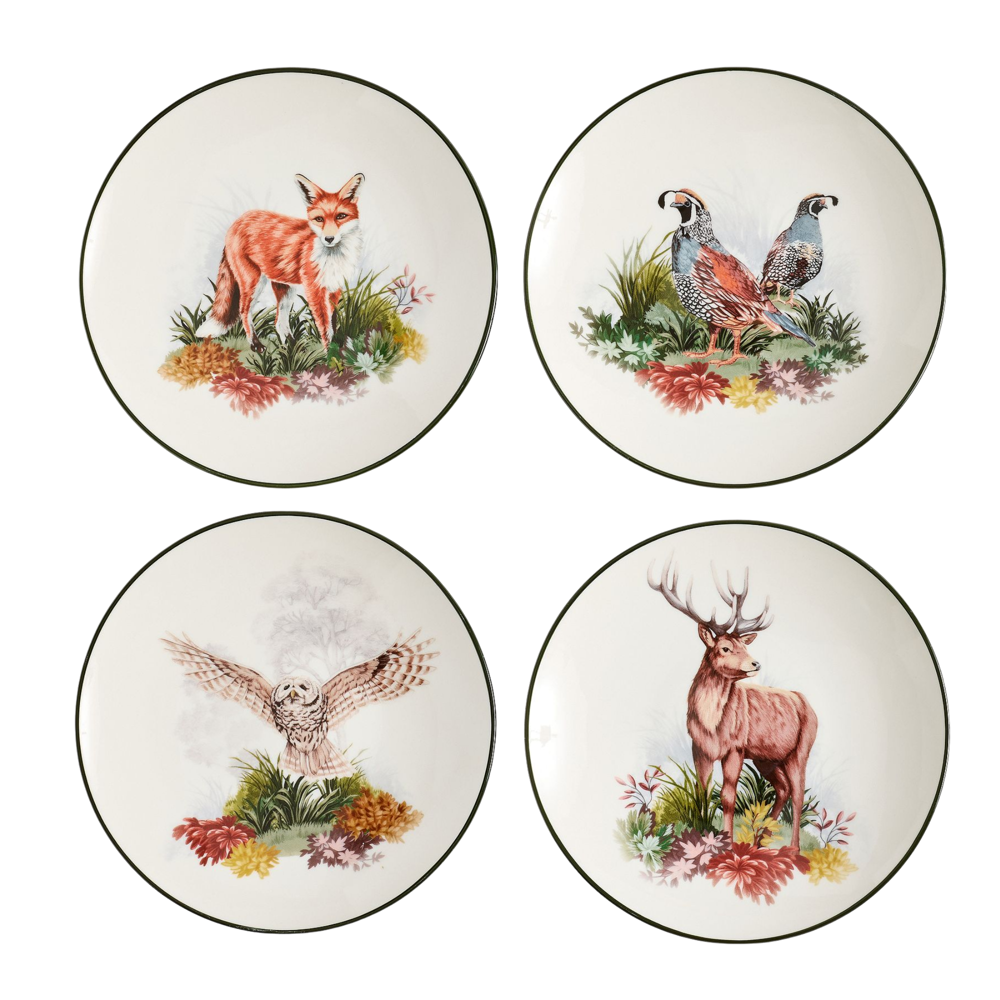 a set of four appetizer plates with animal motifs