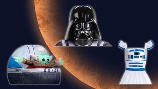 A white dress featuring a blue design of a droid is adjacent to an inflatable green alien while underneath a black robotic head and shoulders in a triangular formation, all on an orange planet background.