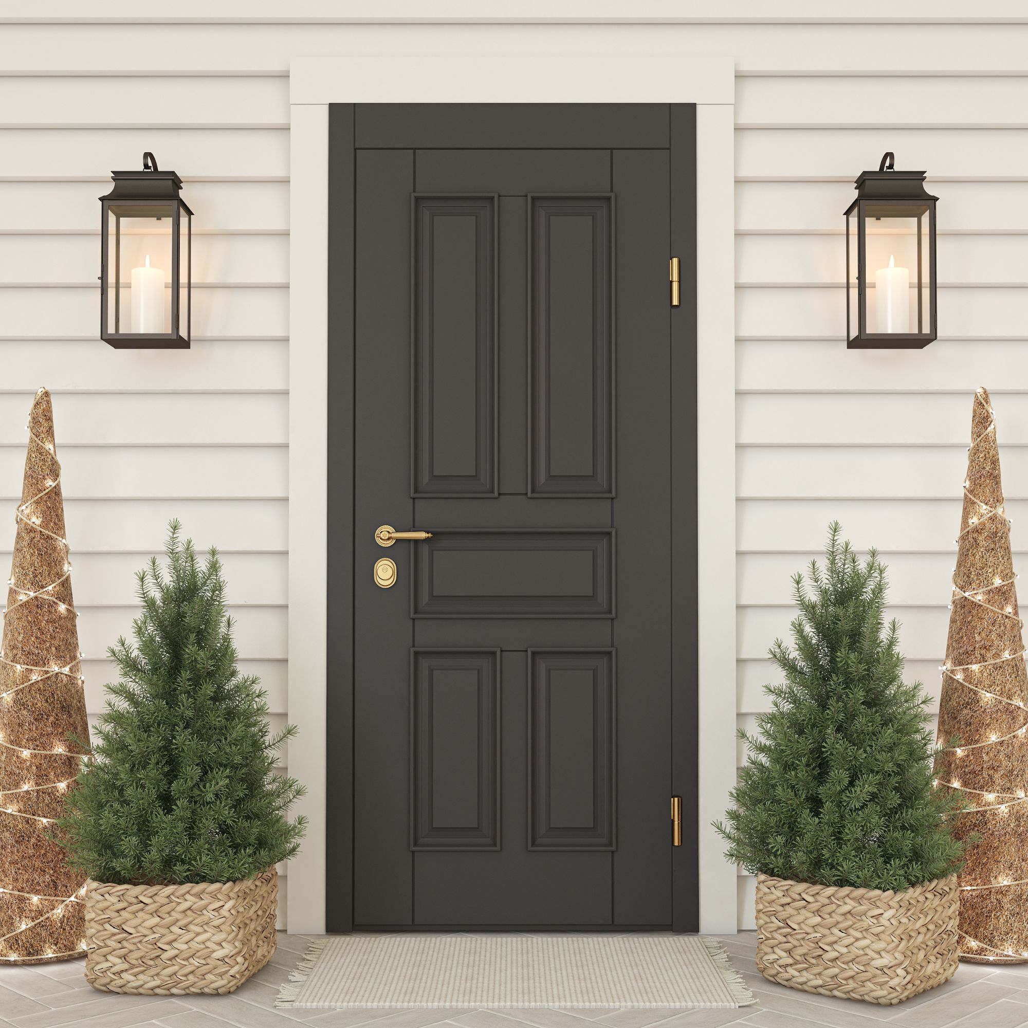 Small Christmas trees next to black front door on front porch