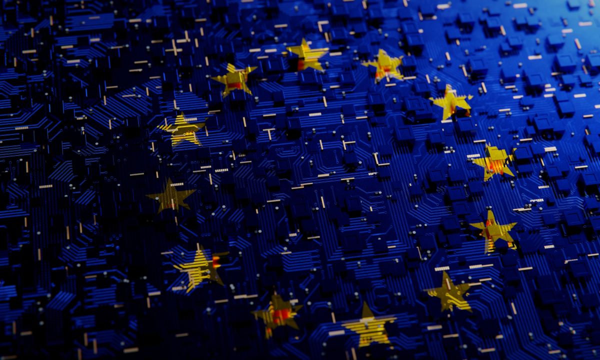 EU flag superimposed on a techybackground which looks liek a motherboard with staggered raised platforms all across it