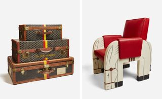 Left, luggage previously belonging to the Duke of Windsor, Maison Goyard, 1940s. Right, children’s chair