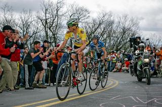 Floyd Landis and Tom Danielson climb Brasstown Bald in the 2006 Tour de Georgia.