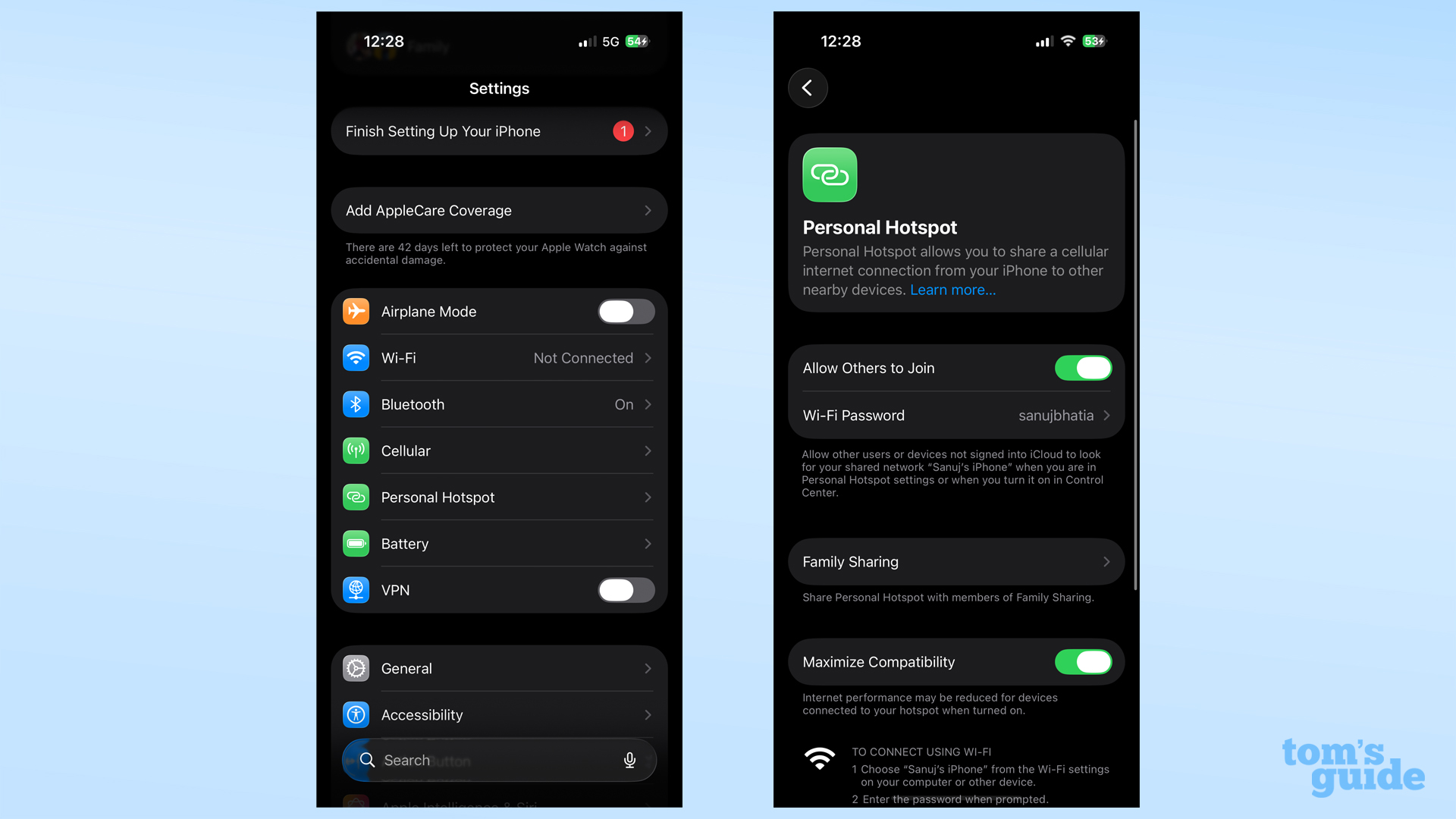 Wi-Fi tethering settings in iOS