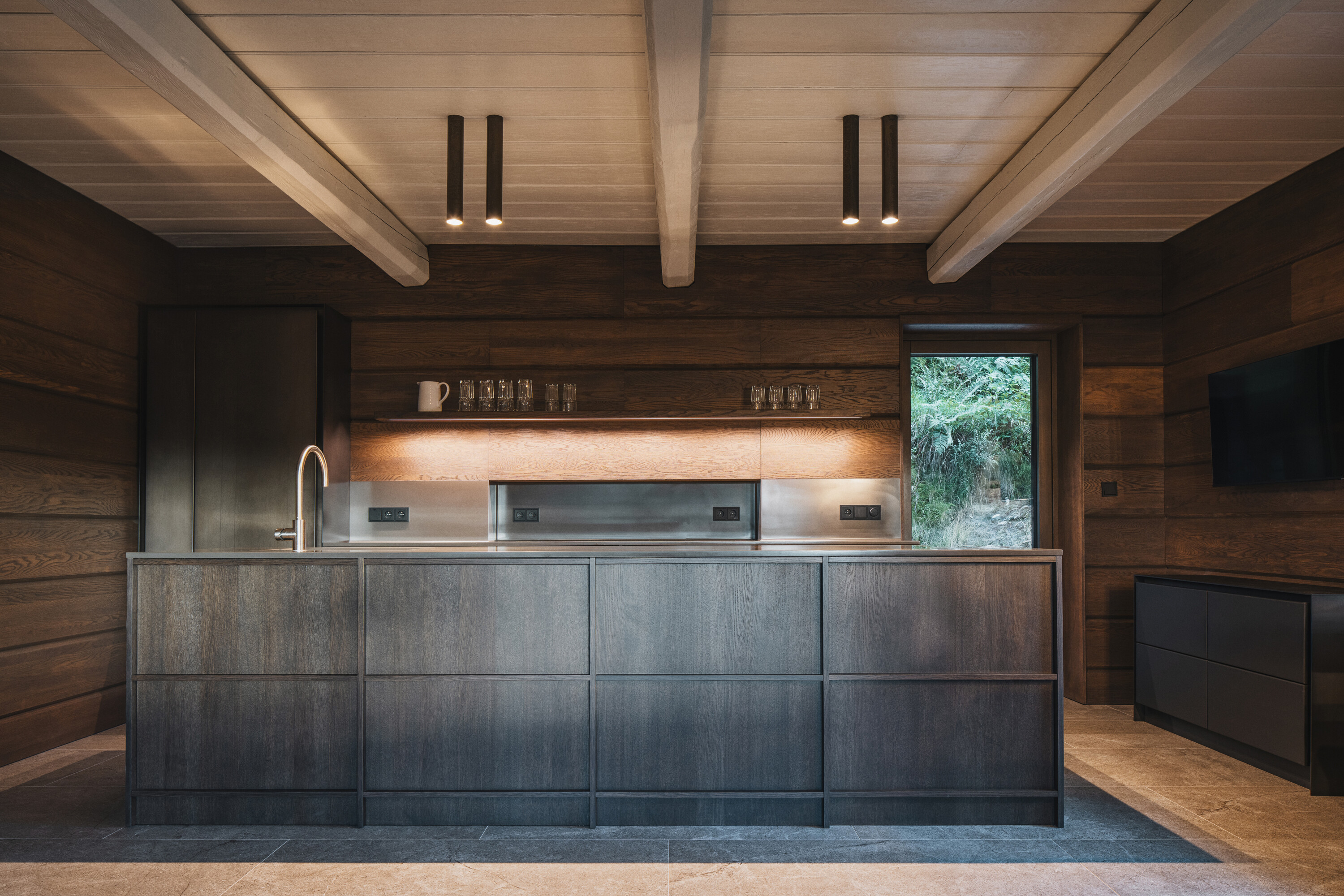 The kitchen, beneath the original restored ceiling