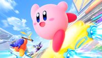 Kirby Air Riders key art showing Kirby blazing along on a warp star as spear waddle dee and metaknight are ahead