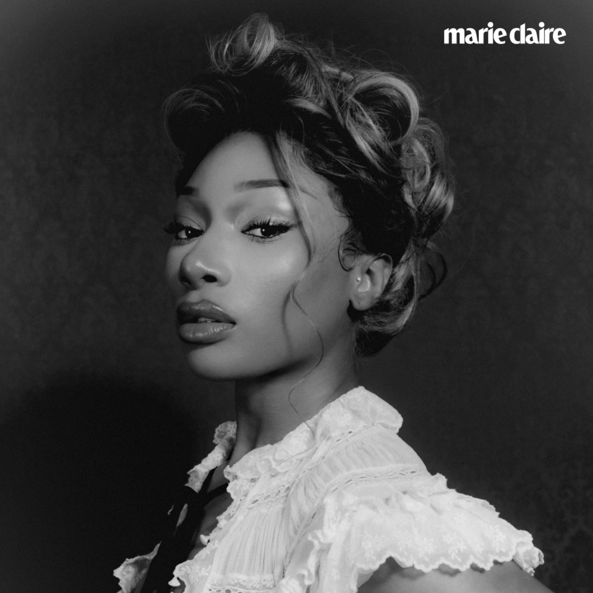 Megan Thee Stallion poses for Marie Claire, black and white photo