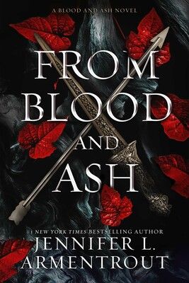 from blood and ash book cover with red leaves behind a sword