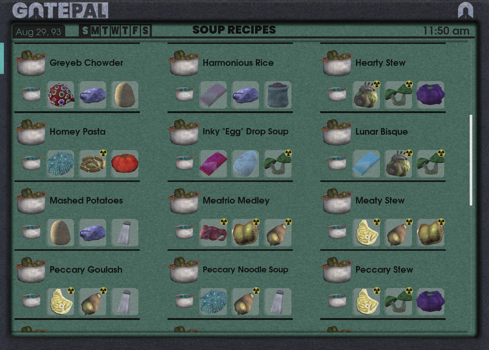 The GATEPAL Journal from Abiotic Factor, showing page two of four in the game's soup recipe list.