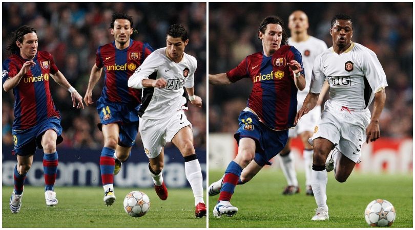 BARCELONA, SPAIN - APRIL 23: Cristiano Ronaldo (R) of Manchester United holds off the challenge of Gianluca Zambrotta (C) and Lionel Messi (L) of Barcelona during the UEFA Champions League Semi-Final, first leg match between Barcelona and Manchester United at the Camp Nou stadium on April 23, 2008 in Barcelona, Spain. (Photo by Jasper Juinen/Getty Images)