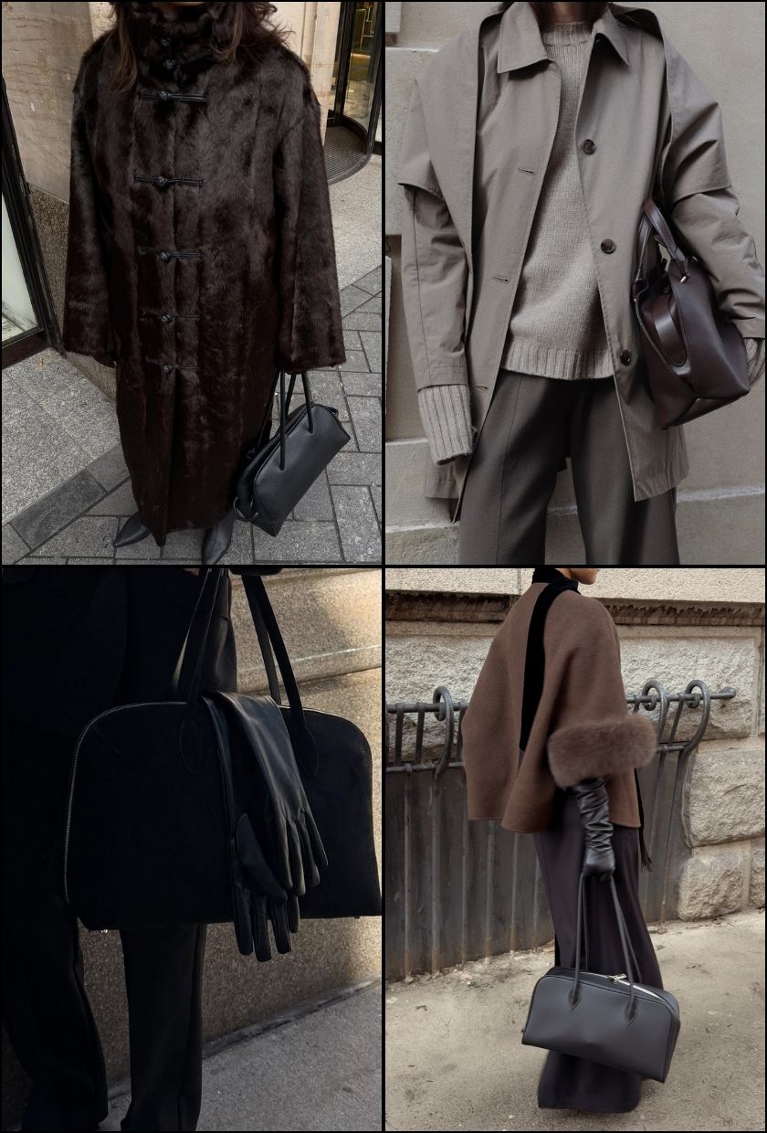 @selenamual wears a black leather bowling bag, @modedamour wears a dark brown leather bowling bag, @christietyler wears a black suede bowling bag, @ingridedvinsen wears a black leather bowling bag