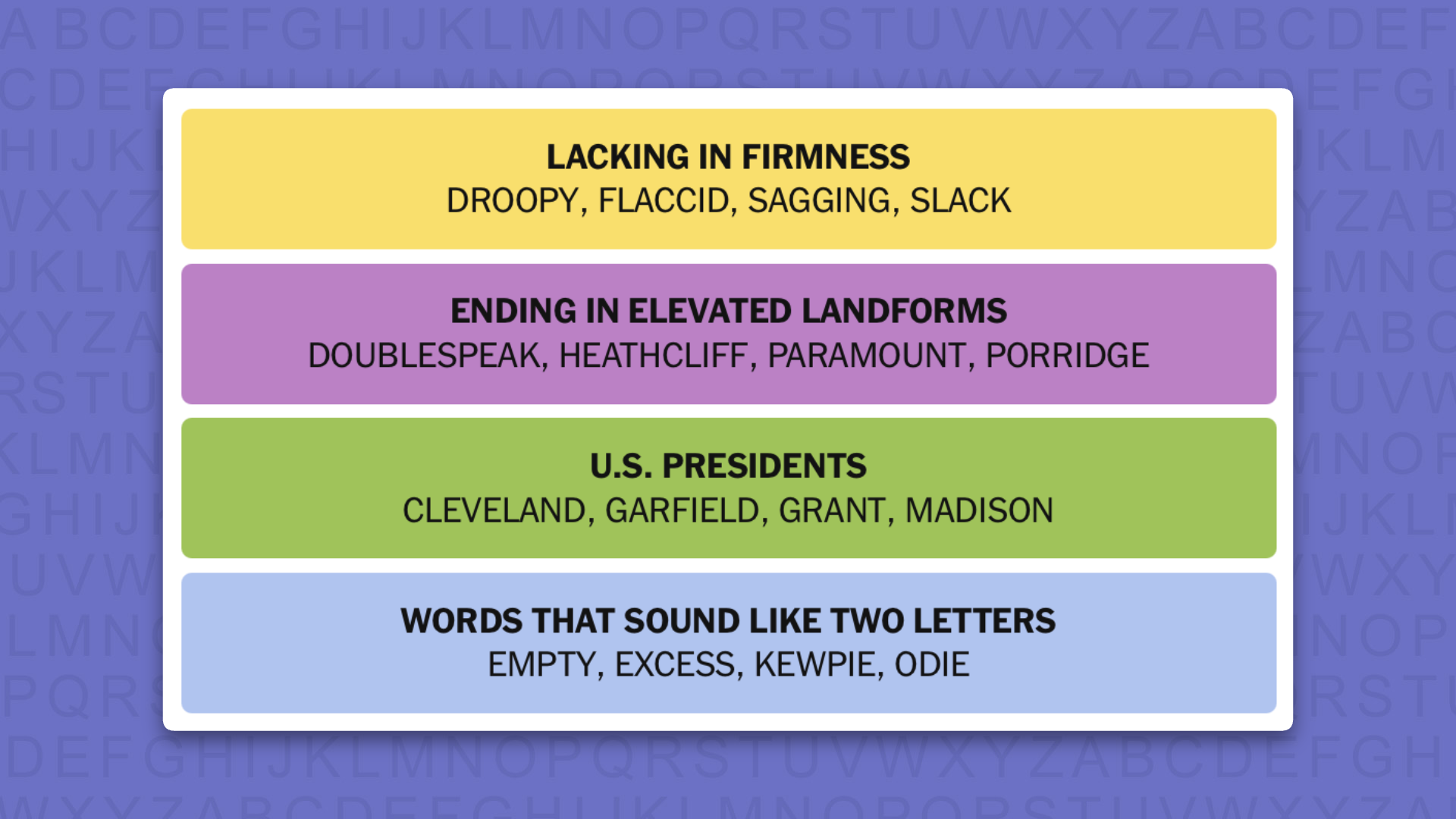 NYT Connections answers for game 1190 on a purple background