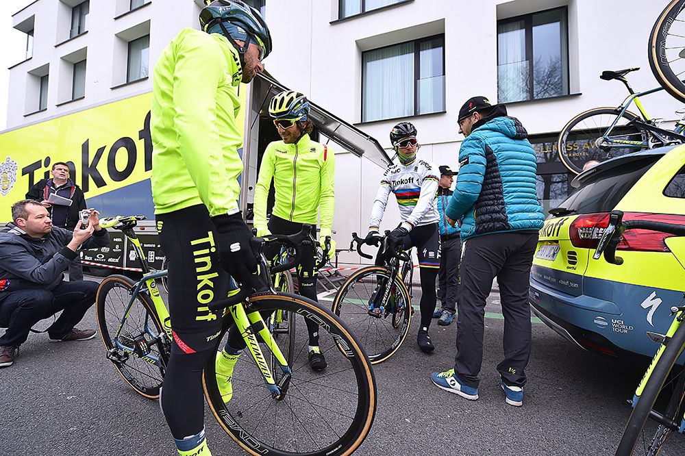 Peter Sagan and his Tinkoff teammates get ready to ride