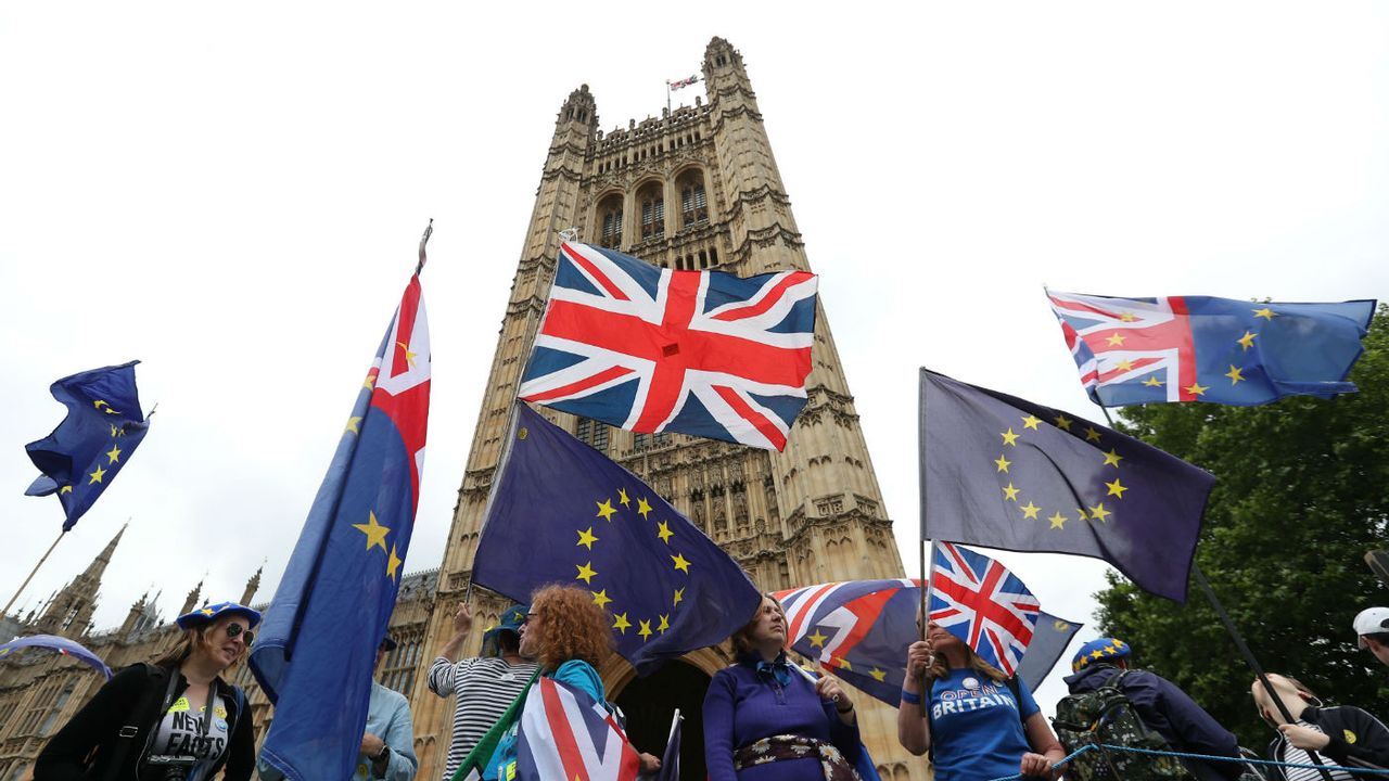 Pro-EU demonstrators hold placards ahead of yesterday&amp;#039;s Commons vote