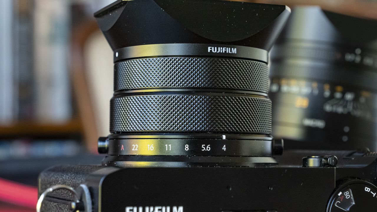 Closeup of the Fujifilm GFX100 RF's lens
