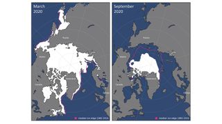 Monthly average sea-ice extent map for (left) March 2020 and (right) September 2020.