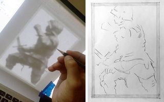 A piece of paper taped to the computer screen, and a person holding a pencil. A second image shows the finished trace of the knight's main outline